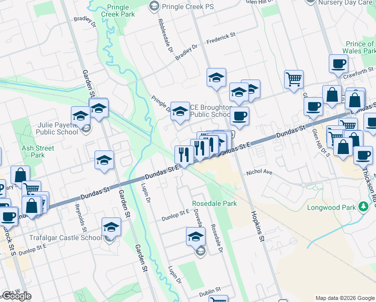 map of restaurants, bars, coffee shops, grocery stores, and more near in Whitby