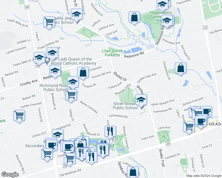 map of restaurants, bars, coffee shops, grocery stores, and more near 61 Futura Avenue in Richmond Hill