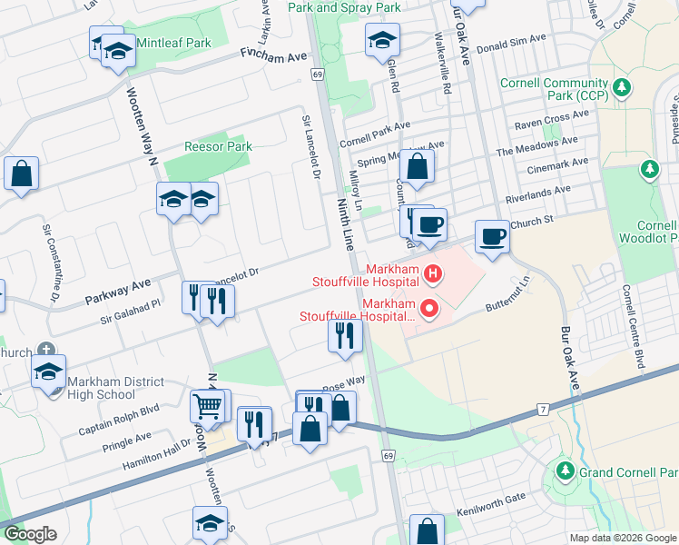 map of restaurants, bars, coffee shops, grocery stores, and more near 246 Church Street in Markham