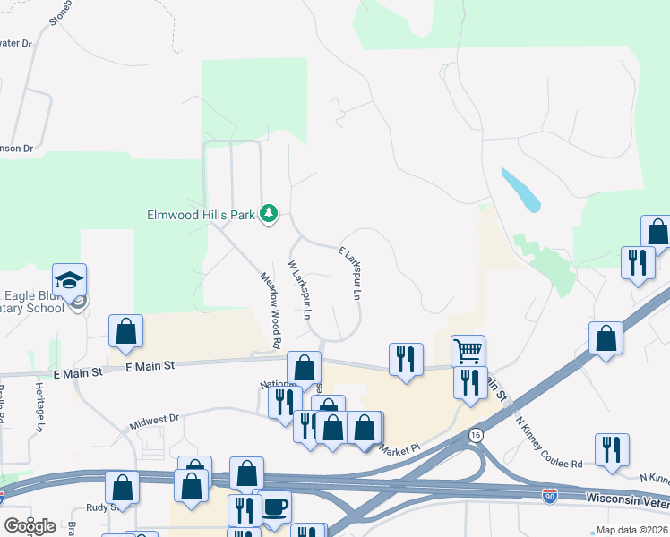 map of restaurants, bars, coffee shops, grocery stores, and more near 233 East Larkspur Lane in Onalaska