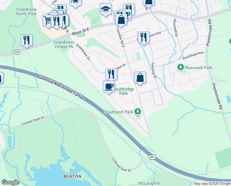 map of restaurants, bars, coffee shops, grocery stores, and more near 882 Southdown Drive in Oshawa