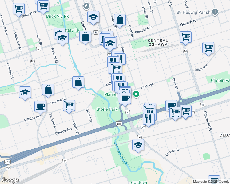 map of restaurants, bars, coffee shops, grocery stores, and more near Saint Lawrence Street in Toronto
