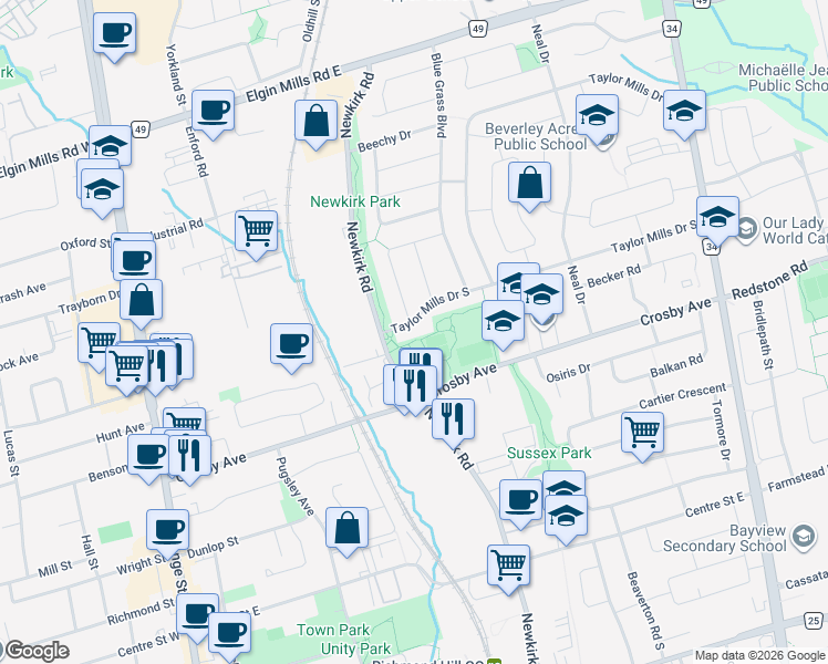 map of restaurants, bars, coffee shops, grocery stores, and more near 212 Taylor Mills Drive South in Richmond Hill