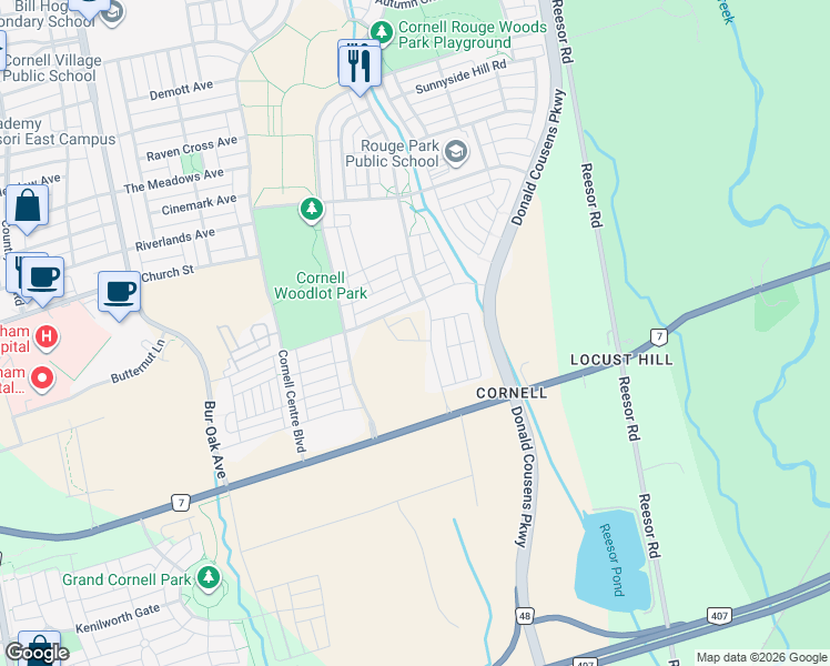 map of restaurants, bars, coffee shops, grocery stores, and more near 8 Lounts Lane in Markham