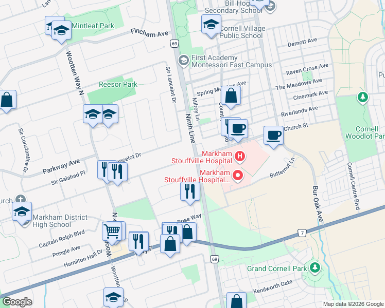 map of restaurants, bars, coffee shops, grocery stores, and more near in Markham