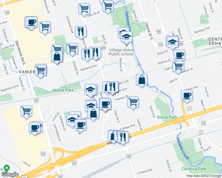 map of restaurants, bars, coffee shops, grocery stores, and more near 257 Sinclair Avenue in Oshawa