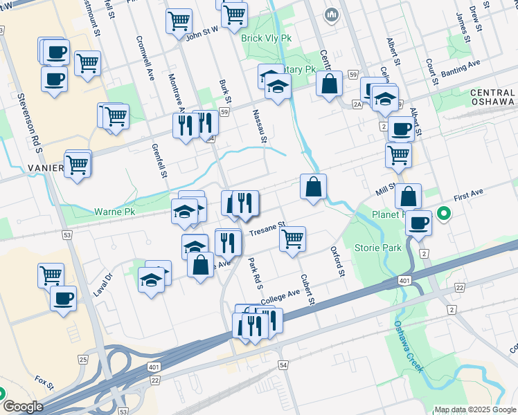 map of restaurants, bars, coffee shops, grocery stores, and more near 238 Hibbert Avenue in Oshawa