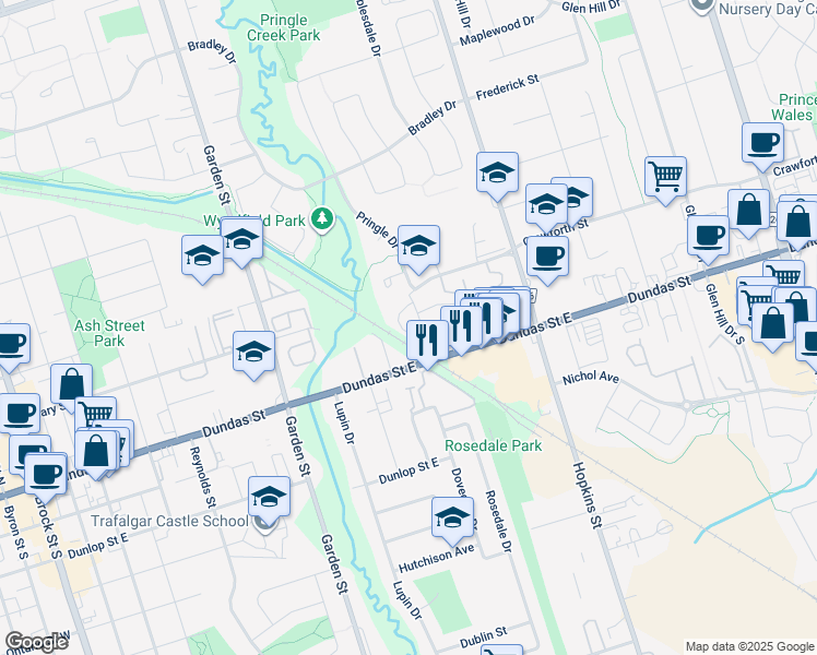 map of restaurants, bars, coffee shops, grocery stores, and more near in Whitby