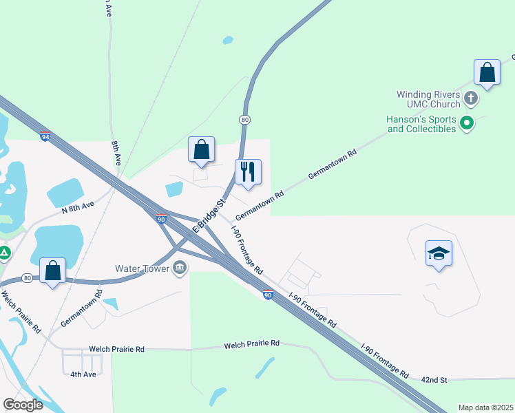 map of restaurants, bars, coffee shops, grocery stores, and more near Germantown Road in New Lisbon