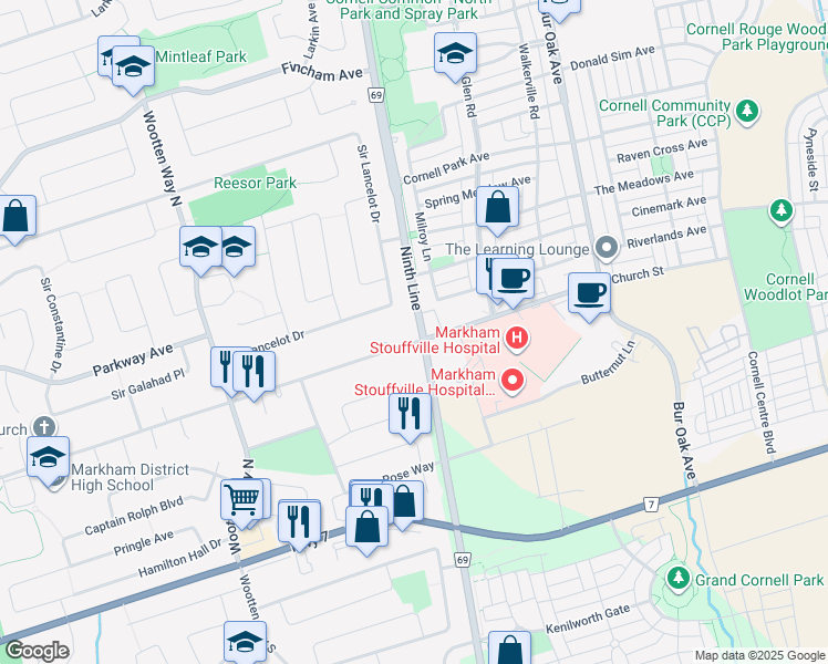 map of restaurants, bars, coffee shops, grocery stores, and more near 256 Church Street in Markham