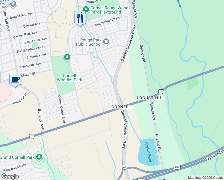 map of restaurants, bars, coffee shops, grocery stores, and more near 75 Mikayla Lane in Markham