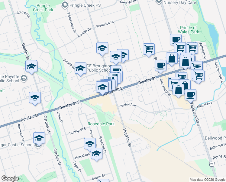 map of restaurants, bars, coffee shops, grocery stores, and more near Dundas Street East in Whitby