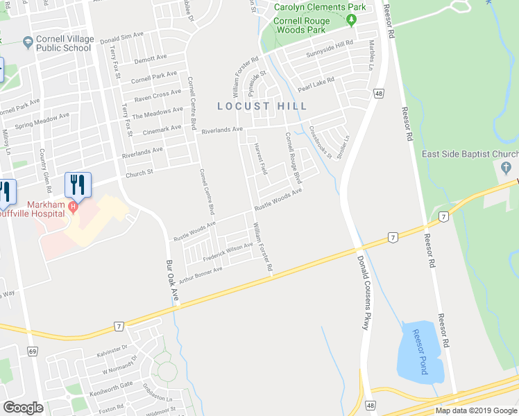 map of restaurants, bars, coffee shops, grocery stores, and more near 187 Rustle Woods Avenue in Markham