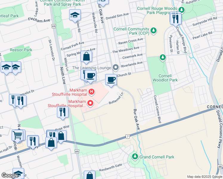 map of restaurants, bars, coffee shops, grocery stores, and more near 3201 Bur Oak Avenue in Markham