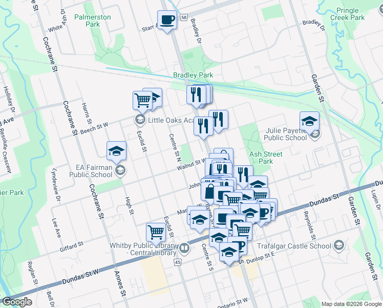 map of restaurants, bars, coffee shops, grocery stores, and more near 408 Byron Street North in Whitby