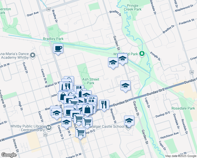 map of restaurants, bars, coffee shops, grocery stores, and more near 15 Regency Crescent in Whitby