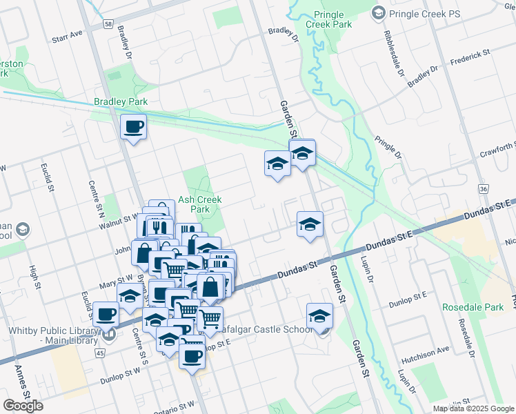 map of restaurants, bars, coffee shops, grocery stores, and more near in Whitby