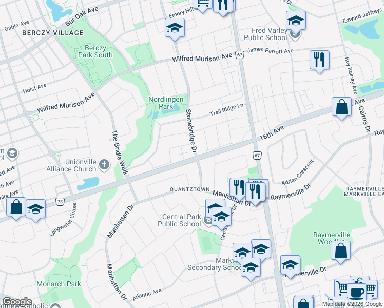 map of restaurants, bars, coffee shops, grocery stores, and more near 2 Stonebridge Drive in Markham