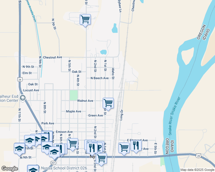 map of restaurants, bars, coffee shops, grocery stores, and more near 51 Locust Avenue in Nyssa
