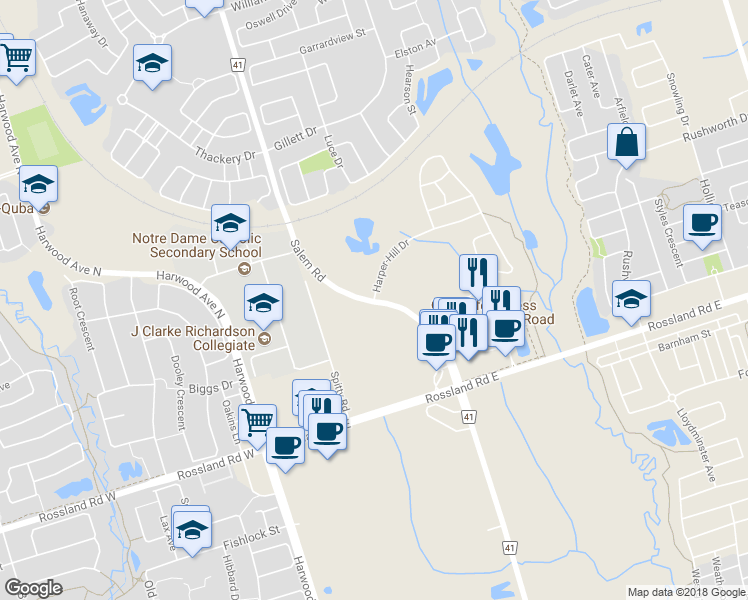 map of restaurants, bars, coffee shops, grocery stores, and more near 2 Harper-Hill Drive in Ajax