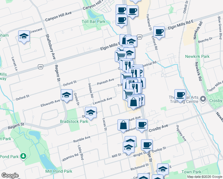 map of restaurants, bars, coffee shops, grocery stores, and more near 80 Trayborn Drive in Richmond Hill