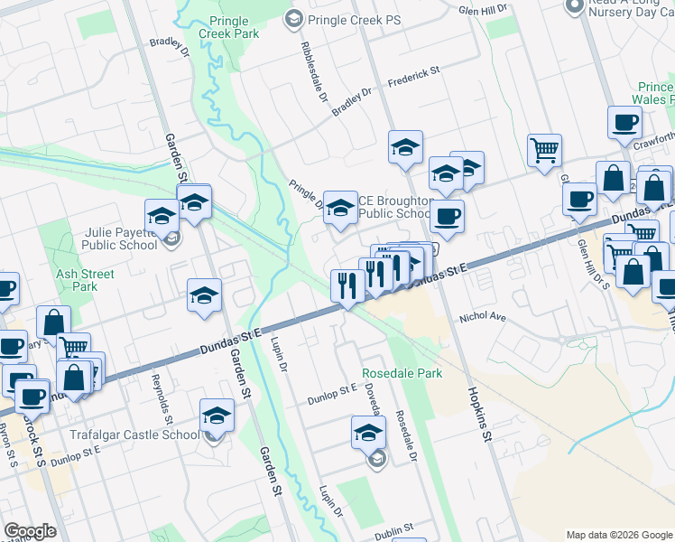 map of restaurants, bars, coffee shops, grocery stores, and more near 1040 Elton Way in Whitby