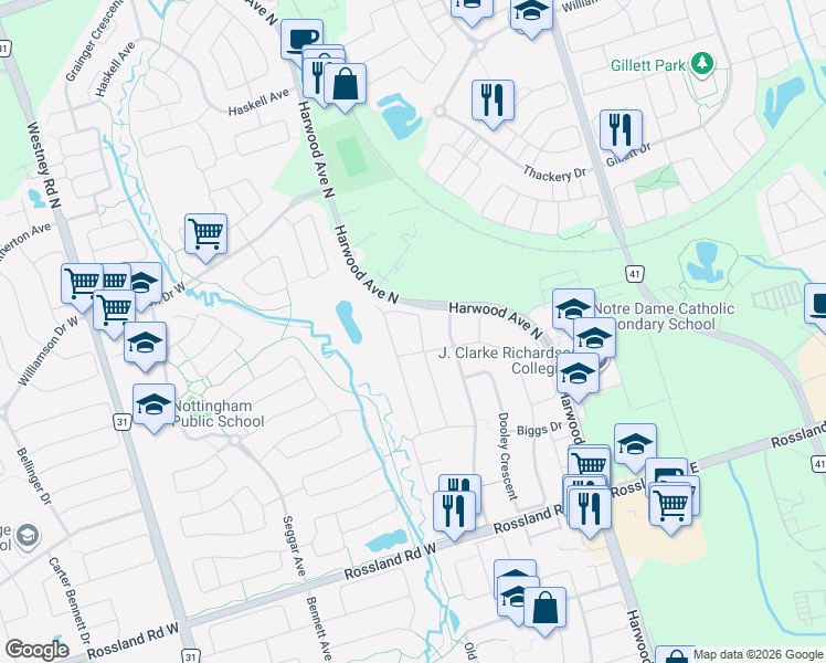 map of restaurants, bars, coffee shops, grocery stores, and more near 71 Nobbs Drive in Ajax