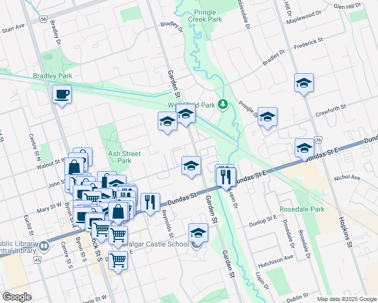 map of restaurants, bars, coffee shops, grocery stores, and more near 200 Garden Street in Whitby