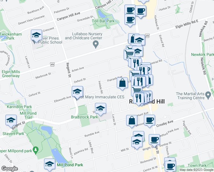 map of restaurants, bars, coffee shops, grocery stores, and more near 117 Trayborn Drive in Richmond Hill