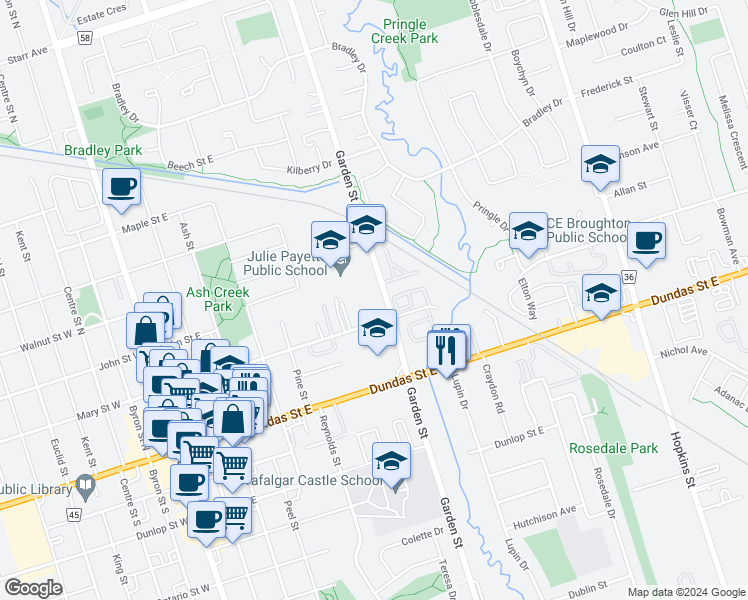 map of restaurants, bars, coffee shops, grocery stores, and more near in Whitby