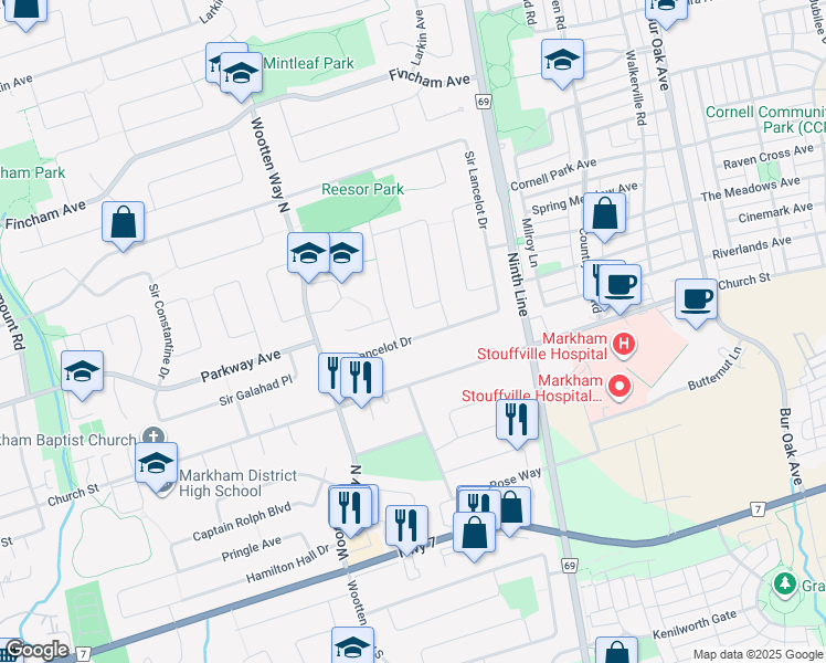 map of restaurants, bars, coffee shops, grocery stores, and more near 31 Sir Lancelot Drive in Markham