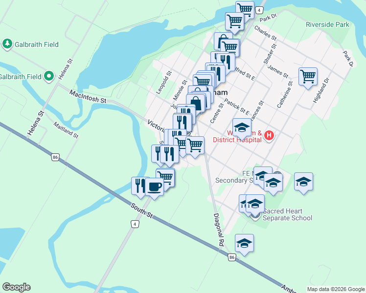 map of restaurants, bars, coffee shops, grocery stores, and more near 161 Josephine Street in Wingham