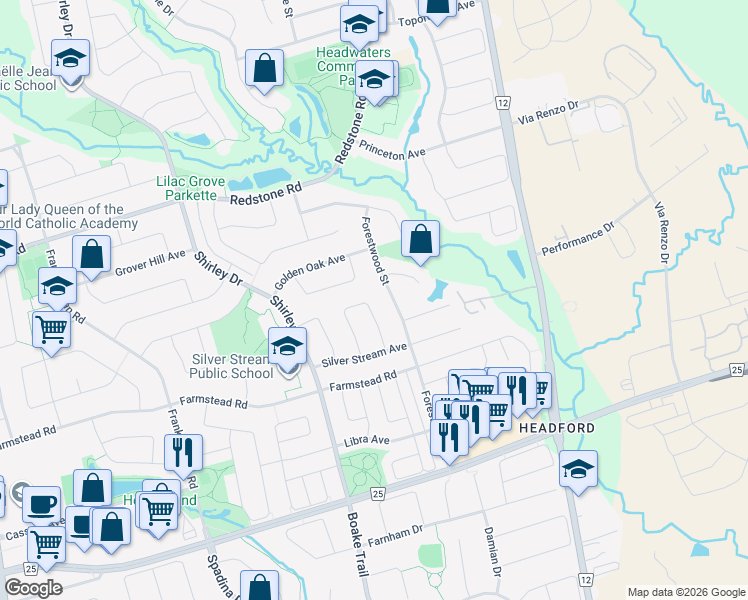 map of restaurants, bars, coffee shops, grocery stores, and more near 54 Walnut Grove Crescent in Richmond Hill