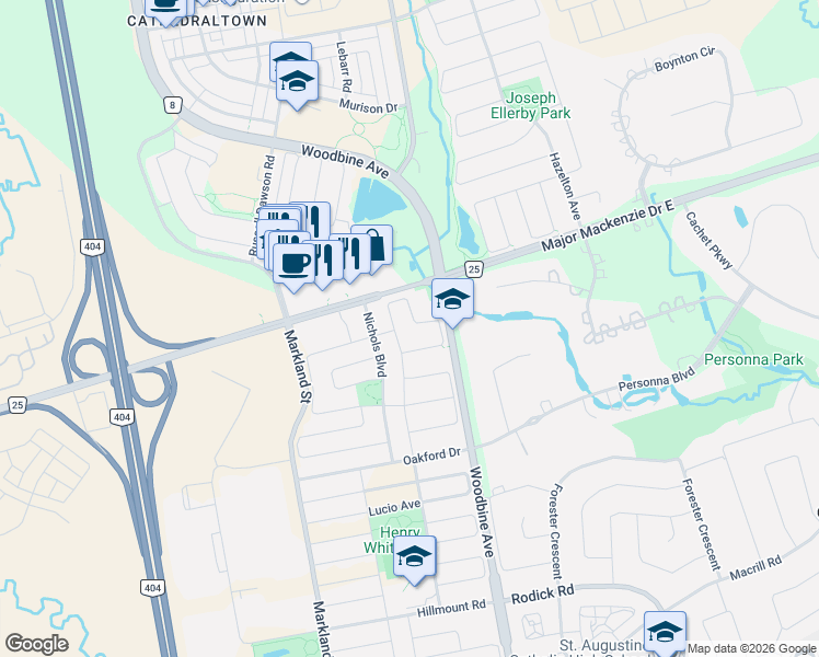map of restaurants, bars, coffee shops, grocery stores, and more near 50 Robert Grundy Road in Markham