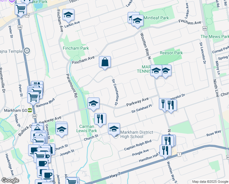 map of restaurants, bars, coffee shops, grocery stores, and more near 16 Sir Constantine Drive in Markham