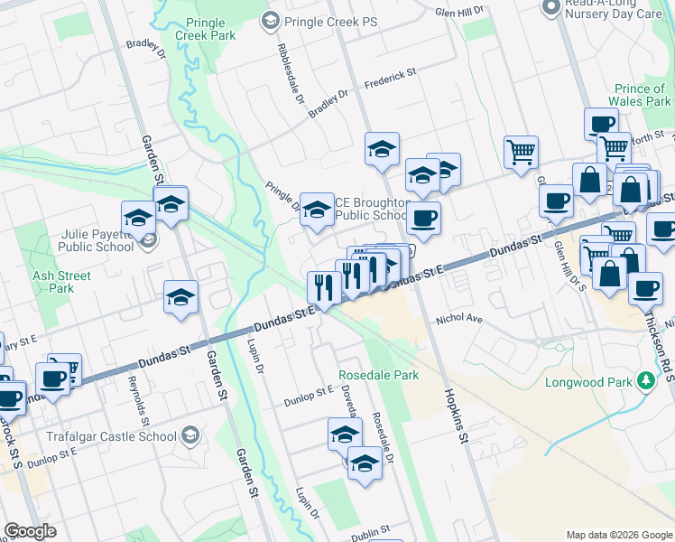 map of restaurants, bars, coffee shops, grocery stores, and more near 1010 Dundas Street East in Whitby