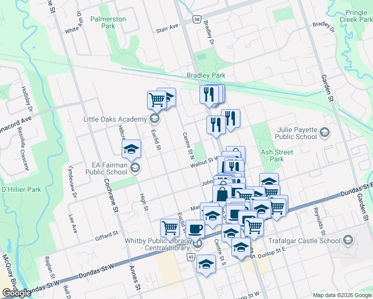 map of restaurants, bars, coffee shops, grocery stores, and more near 418 Centre Street North in Whitby