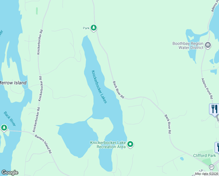 map of restaurants, bars, coffee shops, grocery stores, and more near 212 Back River Road in Boothbay