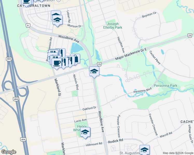 map of restaurants, bars, coffee shops, grocery stores, and more near 9947 Woodbine Avenue in Markham