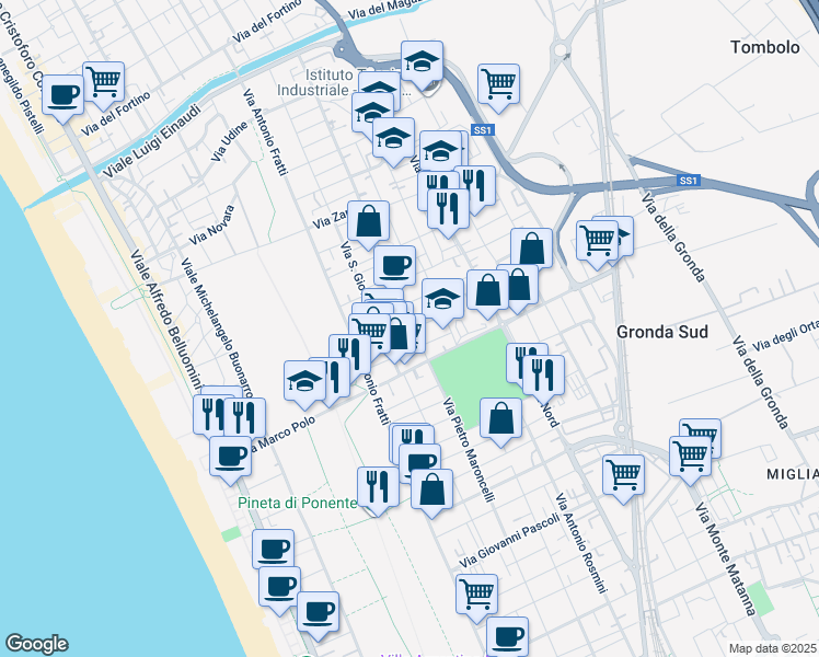 map of restaurants, bars, coffee shops, grocery stores, and more near 50 Via San Carlo Borromeo in Viareggio