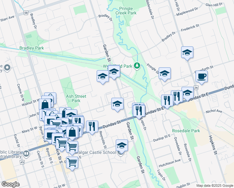 map of restaurants, bars, coffee shops, grocery stores, and more near 200 Garden Street in Whitby
