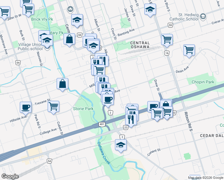 map of restaurants, bars, coffee shops, grocery stores, and more near in Oshawa