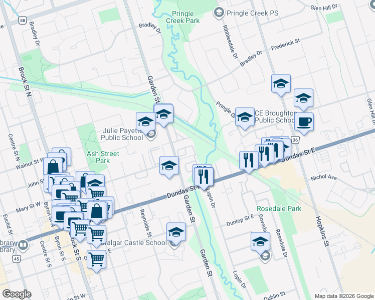 map of restaurants, bars, coffee shops, grocery stores, and more near in Whitby