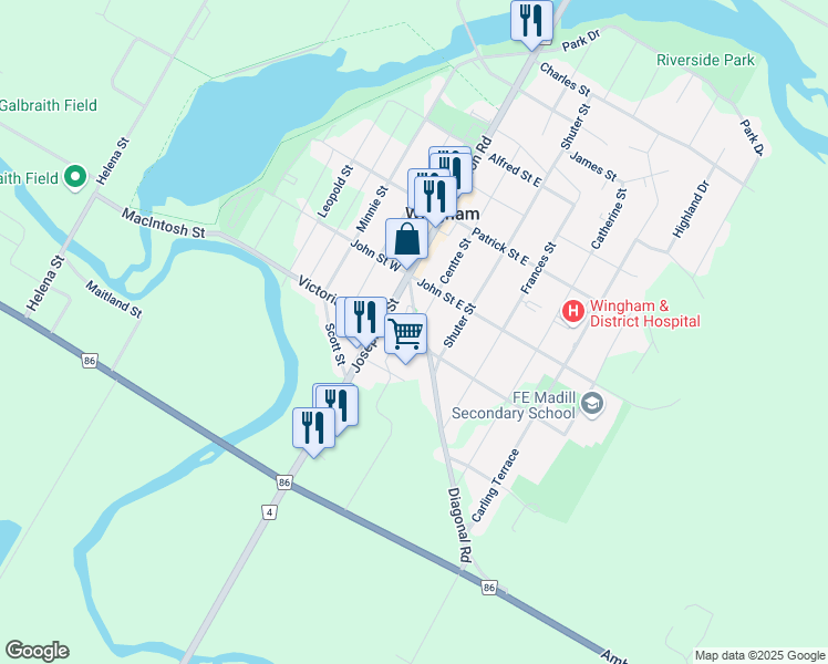 map of restaurants, bars, coffee shops, grocery stores, and more near 100 David Street in Wingham