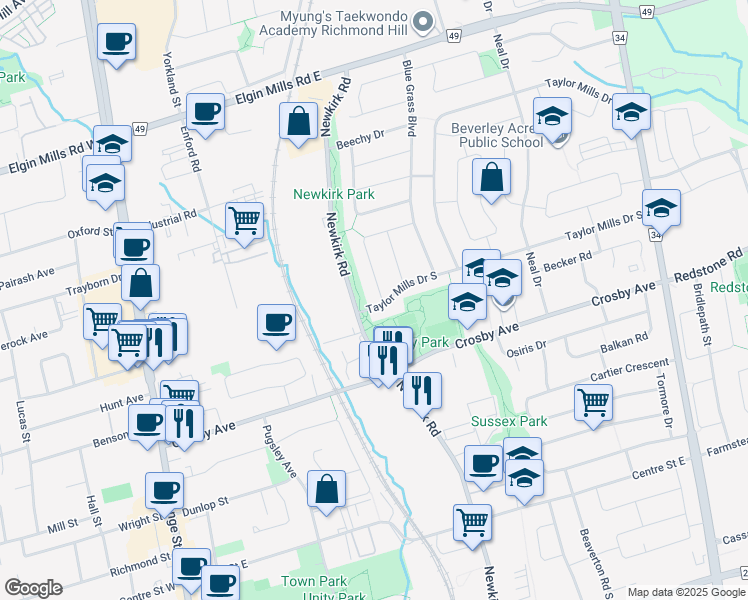 map of restaurants, bars, coffee shops, grocery stores, and more near 208 Axminster Drive in Richmond Hill