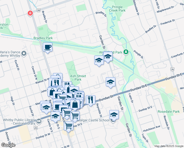 map of restaurants, bars, coffee shops, grocery stores, and more near 19 Regency Crescent in Whitby