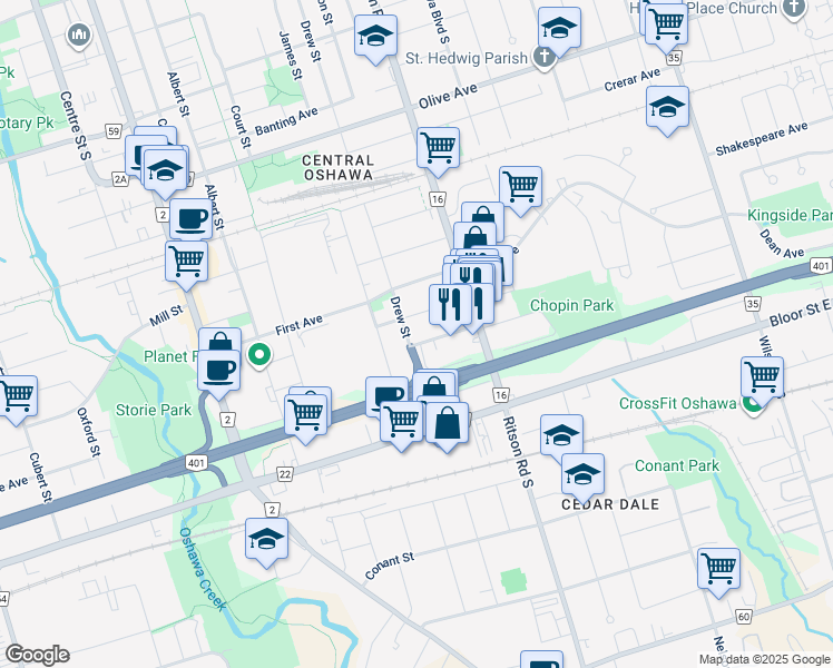 map of restaurants, bars, coffee shops, grocery stores, and more near in Oshawa