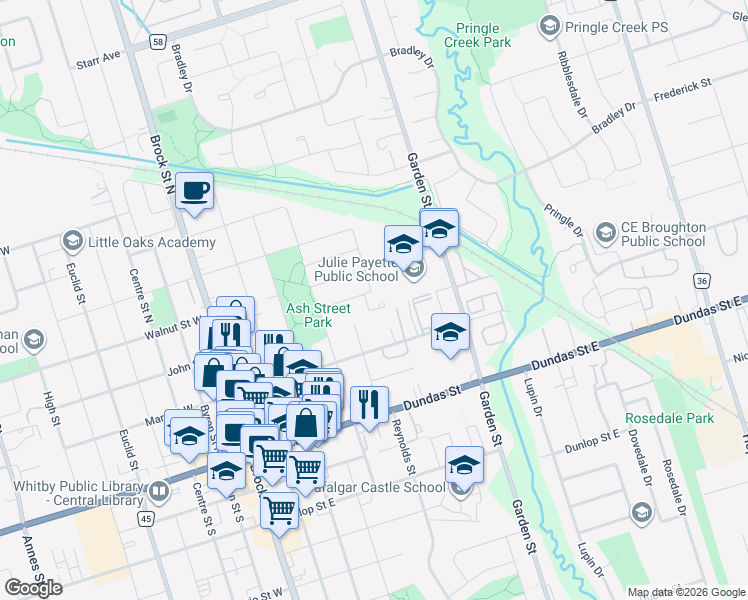map of restaurants, bars, coffee shops, grocery stores, and more near 19 Regency Crescent in Whitby