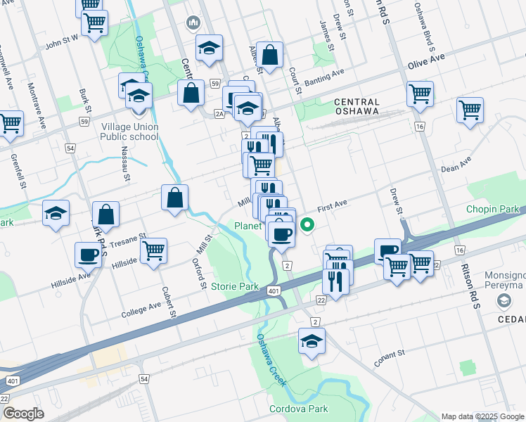 map of restaurants, bars, coffee shops, grocery stores, and more near in Oshawa