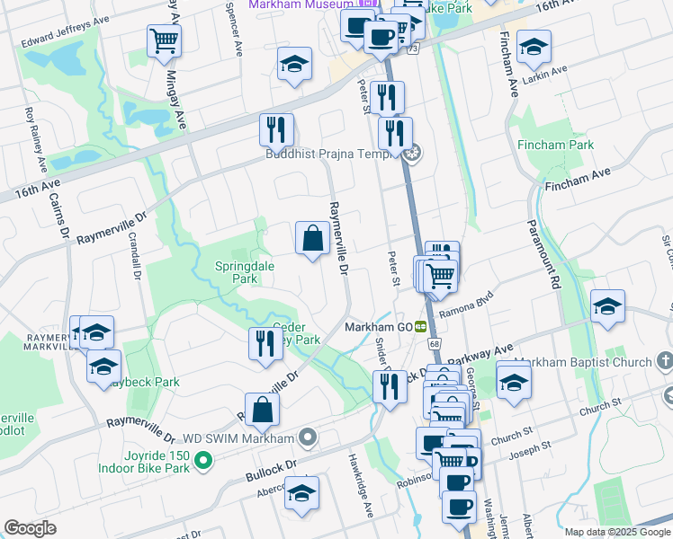 map of restaurants, bars, coffee shops, grocery stores, and more near 262 Raymerville Drive in Markham